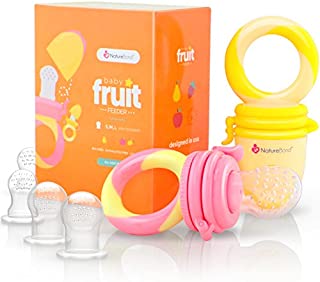 NatureBond Baby Food Feeder/Fruit Feeder Pacifier (2 Pack) - Infant Teething Toy Teether in Appetite Stimulating Colors | Bonus Includes All Sizes Silicone Sacs