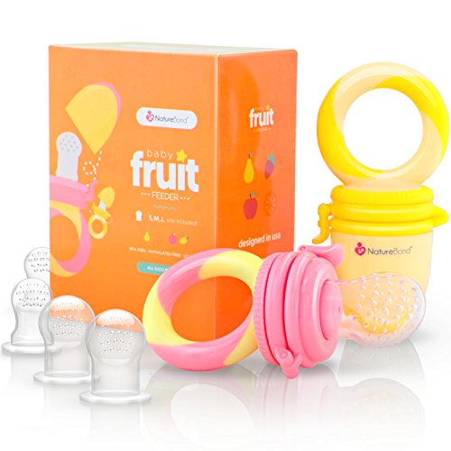 NatureBond Baby Food Feeder/Fruit Feeder Pacifier (2 Pack) - Infant Teething Toy Teether in Appetite Stimulating Colors | Bonus Includes All Sizes Silicone Sacs