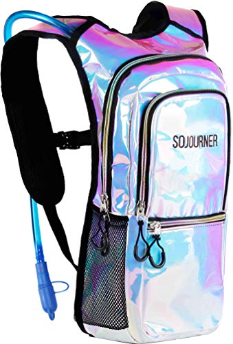 Sojourner Rave Hydration Pack Backpack - 2L Water Bladder Included for Festivals, Raves, Hiking, Biking, Climbing, Running and More (Holographic - Blue)