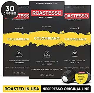 Roastesso Espresso Capsules, 30 Colombia Single Origin Coffee Pods Compatible with Nespresso Original Line Machines, Roasted in USA Intensity 5, Single Serve Cup Master Colombiano Medium Roast Lungo