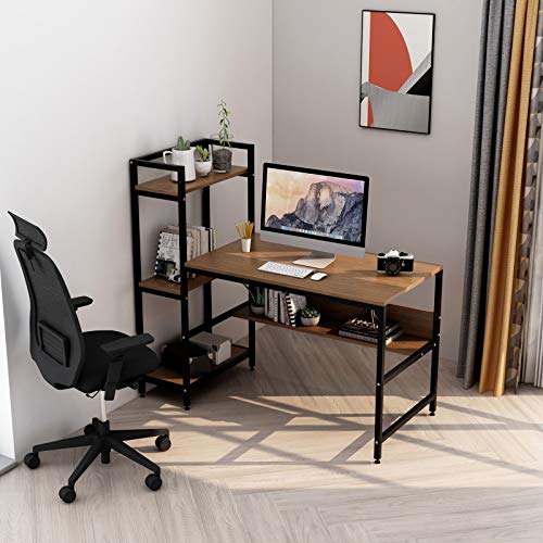 Computer Desk with 4 Storage Shelves - Writing Study Desk with Bookshelf and Tower Shelf for Home Office Sturdy Student Desk for Small Spaces Modern Simple Wood Desk with Steel Frame(Walnut)