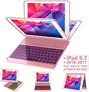 iPad Keyboard Case 9.7 for iPad 2018 (6th Gen) - 2017 (5th Gen) - iPad Pro 9.7 - iPad Air 2 & 1, 7 Color Backlit Keyboard Case/360 Rotate Wireless/BT Keyboard Case with Auto Sleep/Wake (Rose Gold)