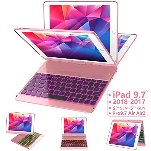 iPad Keyboard Case 9.7 for iPad 2018 (6th Gen) - 2017 (5th Gen) - iPad Pro 9.7 - iPad Air 2 & 1, 7 Color Backlit Keyboard Case/360 Rotate Wireless/BT Keyboard Case with Auto Sleep/Wake (Rose Gold)