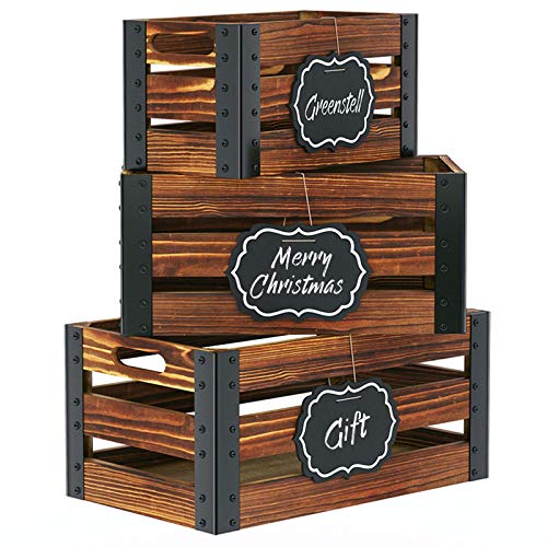 Greenstell Rustic Brown Wooden Nesting Storage Crate with Cutout Handle and Hanging Chalkboard, Decorative Farmhouse Display Wood Storage Accent Crate Box, Perfect for Wall Mounted Storage Wooden Box