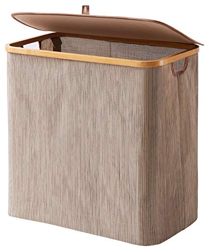 YOUDENOVA Waterproof Bamboo Laundry Hamper Basket with Lid for Bathroom and Bedroom, Waterproof Storage Basket for Moist Towels and Clothes, Brown