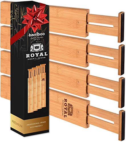 ROYAL CRAFT WOOD Adjustable Bamboo Drawer Dividers Organizers - Expandable Drawer Organization Separators for Kitchen, Dresser, Bedroom, Bathroom and Office, 4-Pack (13.5-17 in, Natural)