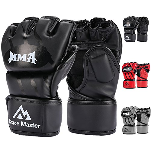 Brace Master MMA Gloves UFC Gloves Boxing Gloves for Men Women Leather More Paddding Fingerless Punching Bag Gloves for Kickboxing, Sparring, Muay Thai and Heavy Bag (Black, Large)