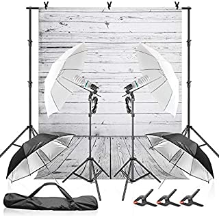 Julius Studio Wood Floor Backdrop with Umbrella Lighting Kit, 400W 5500K, 10ft Background Support Stand, Bulb, Socket, Spring Clamp, White & Black Umbrella Reflector, Photography Studio, JSAG355