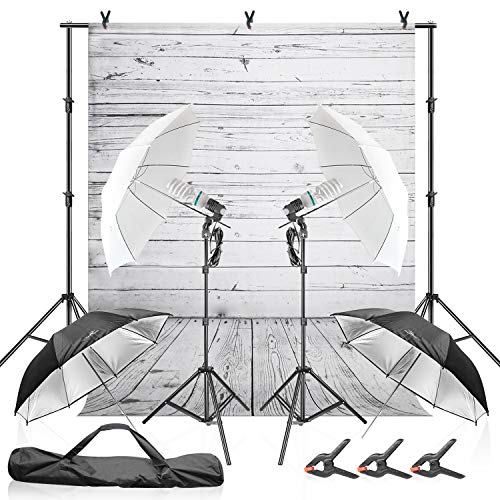 Julius Studio Wood Floor Backdrop with Umbrella Lighting Kit, 400W 5500K, 10ft Background Support Stand, Bulb, Socket, Spring Clamp, White & Black Umbrella Reflector, Photography Studio, JSAG355