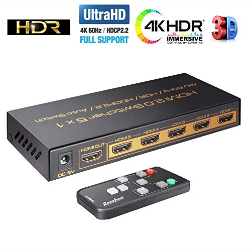 HDMI Switch 4k, HDMI Splitter Switch 5 in 1 Out HDMI Switcher with IR Remote Support 4K 60hz, 2K, 1080P, 3D, HDCP 2.2, UHD, HDR for PS 3/4, Xbox One/360, DVD Player, HDTV, Projector