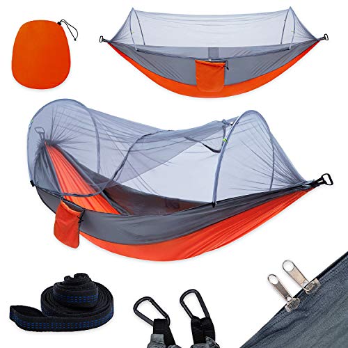 YOOMO Camping Hammock with Mosquito Net & Tree Straps Lightweight Parachute Fabric Travel Bed for Hiking, Backpacking, BackyardFitting Two AdultsHolds up to 600 pounds. (Gray/Orange)