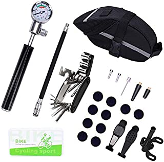 Excellent Home Bike Tire Repair Tool Kit and Mini Bike Pump -Rubber-Free Puncture Repair Kit for Presta and Schrader (Up to 210 PSI), Smart Valve with Pressure Gauge and Bicycle Seat Pocket