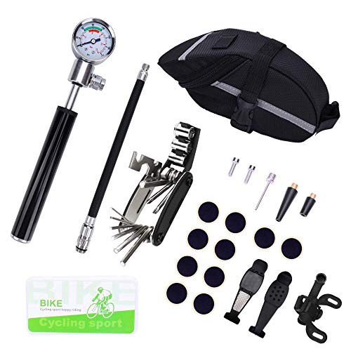 Excellent Home Bike Tire Repair Tool Kit and Mini Bike Pump -Rubber-Free Puncture Repair Kit for Presta and Schrader (Up to 210 PSI), Smart Valve with Pressure Gauge and Bicycle Seat Pocket