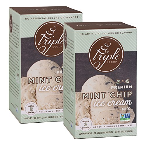 Triple Scoop Ice Cream Mix, Premium Mint Chocolate Chip, starter for use with home ice cream maker, non-gmo, no artificial colors or flavors, ready in under 30 mins, makes 4 qts (2 15oz boxes)