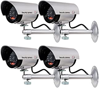 WALI Bullet Dummy Fake Surveillance Security CCTV Dome Camera Indoor Outdoor with one LED Light Warning Security Alert Sticker Decals (TC-S4), 4 Packs, Silver