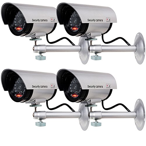 WALI Bullet Dummy Fake Surveillance Security CCTV Dome Camera Indoor Outdoor with one LED Light Warning Security Alert Sticker Decals (TC-S4), 4 Packs, Silver