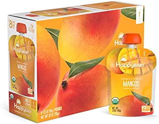 Happy Baby Organic Clearly Crafted Stage 1 Baby Food Mangos, 3.5 Ounce Pouch (Pack of 16) Resealable Baby Food Pouches, Fruit & Veggie Puree, Organic Non-GMO Gluten Free Kosher