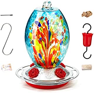 ShinyArt Hummingbird Feeder for Outdoors, Hand Blown Glass, 25 Ounces, Blue Fireworks, Including Ant Moat, S Hook, Hemp Rope, Brush, Cleaning Rag and Service Card