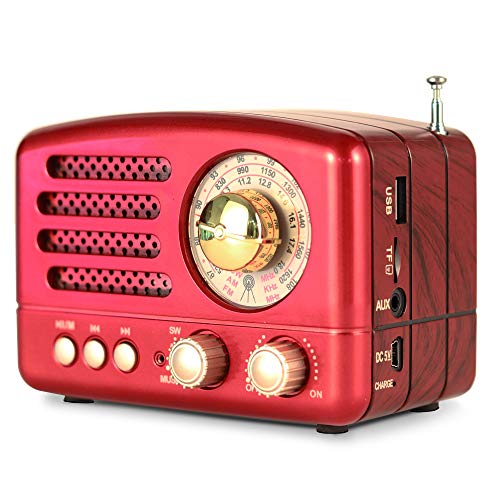 PRUNUS M-160BT Retro Bluetooth Speaker, Portable AM FM Shortwave Rechargeable Radio, Supports TF Card/Aux/USB MP3 Player(Red)