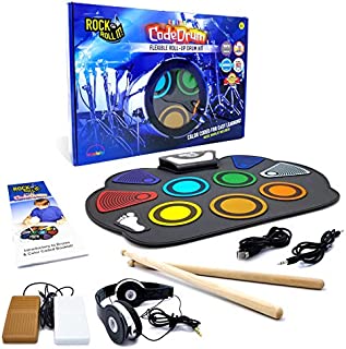 Rock And Roll It - CodeDrum. Flexible Roll Up Color Coded Electric Drum Kit, Easy Learning & Play for Beginners! Portable, Drumsticks+Bass Drum/Hi Hat pedals+Headphones+Play-By-Color Music Book