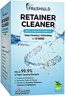 FRESHIELD Retainer & Denture Cleaner Tablets - Remove Stain, Plaque, Bad Odor from Dentures, Retainers, Invisalign, Mouth Guards, Braces, Teeth Straighteners, Night Guards, Removable Dental Appliances