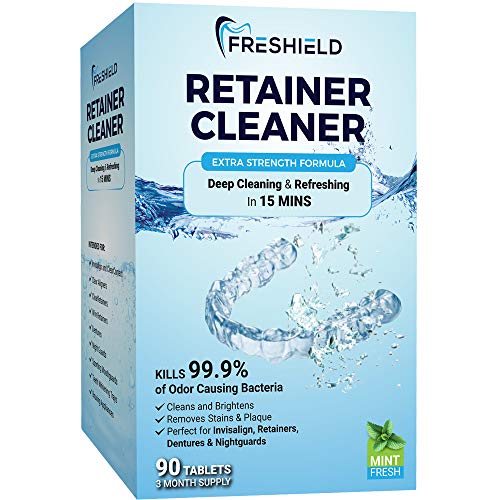 FRESHIELD Retainer & Denture Cleaner Tablets - Remove Stain, Plaque, Bad Odor from Dentures, Retainers, Invisalign, Mouth Guards, Braces, Teeth Straighteners, Night Guards, Removable Dental Appliances