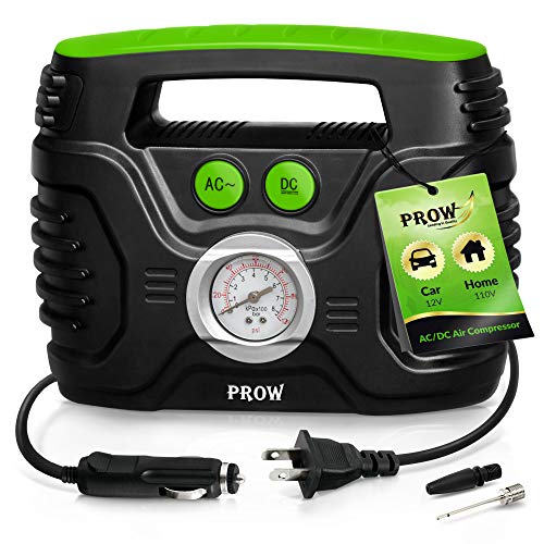 Prow Portable Air Compressor Tire Inflator AC/DC Electric Pump for Car  DC 12V, Home  AC 110V, Upscale, with Analog Pressure gauge, Air pump for Car Tires, Motorcycle, Bike, Basketball and More.