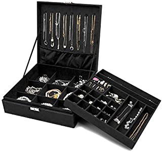 Procase Jewelry Box Organizer for Women Girls, Two Layer Jewelry Display Storage Holder Case for Necklace Earrings Bracelets Rings Watches -Black