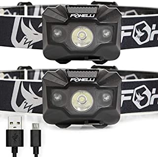 Foxelli 2-Pack USB Rechargeable Headlamp Flashlight - 180 Lumen, up to 40 Hours of Constant Light on a Single Charge, Bright White Led & Red Light, Compact, Lightweight & Comfortable Headband