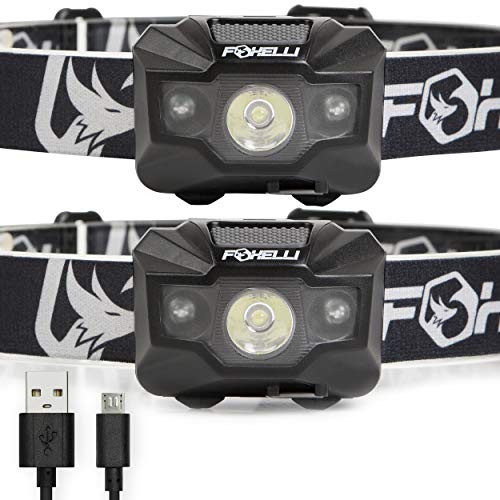 Foxelli 2-Pack USB Rechargeable Headlamp Flashlight - 180 Lumen, up to 40 Hours of Constant Light on a Single Charge, Bright White Led & Red Light, Compact, Lightweight & Comfortable Headband