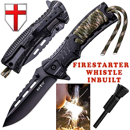Pocket Knife - Tactical Folding Knife - Spring Assisted Knife with Fire Starter & Paracord Handle - Best EDC Survival Hiking Camping Knife for Army Military Emergency Outdoor Rescue - GrandWay 6772