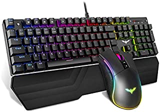 Havit Mechanical Keyboard and Mouse Combo RGB Gaming 104 Keys Blue Switches Wired USB Keyboards with Detachable Wrist Rest, Programmable Gaming Mouse for PC Gamer Computer Desktop (Black)