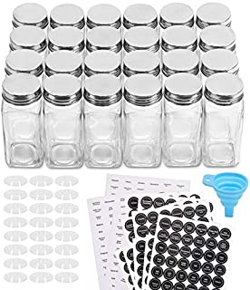 Aozita 24 Pcs Glass Spice Jars/Bottles - 4oz Empty Square Spice Containers with 612 Spice Labels - Shaker Lids and Airtight Metal Caps - Silicone Collapsible Funnel Included