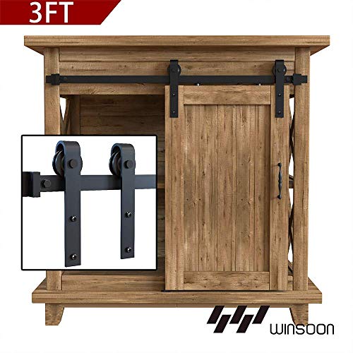 WINSOON 3FT Super Mini Sliding Barn Door Cabinet Hardware Kit for Single Door TV Stands Small Wardrobe Cabinets, J Shape Hanger (NO Cabinet)