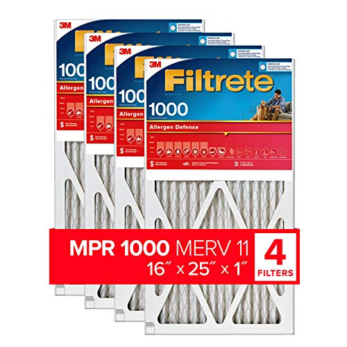 Filtrete 16x25x1, AC Furnace Air Filter, MPR 1000, Micro Allergen Defense, 4-Pack (exact dimensions 15.69 x 24.69 x 0.81)