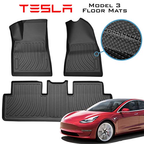 Homeland Hardware (Sale) Tesla Model 3 Floor Mats Liners Complete Set in Black for Models All-Weather 4D Multi-Layer Custom Laser Cut 4D Max Chain Rolled Carbon Series Non Slip (US Based Seller)