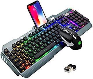 Wireless Gaming Keyboard and Mouse,16 Kinds RGB LED Backlit Rechargeable Keyboard Mouse with 4800mAh Battery Metal Panel,Mechanical Feel and Gaming Mute Mouse for Computer Gamers(Black RGB Backlit)