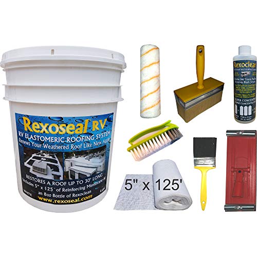 Rexoseal RV Roof Restoration Kit for RV's up to 30' Long - Waterproofing and Protective RV Roof Coating Sealant - White, 4 Gallon