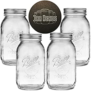 Ball Mason Jars 32 oz Bundle with Non Slip Jar Opener- Set of 4 Quart Size Mason Jars with Regular Mouth - Canning Glass Jars with Lids, Heritage Collection