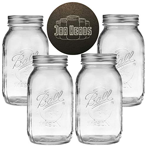 Ball Mason Jars 32 oz Bundle with Non Slip Jar Opener- Set of 4 Quart Size Mason Jars with Regular Mouth - Canning Glass Jars with Lids, Heritage Collection