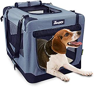 JESPET Soft Dog Crates Kennel for Pets, 3 Door Soft Sided Folding Travel Pet Carrier with Straps and Fleece Mat for Dogs, Cats, Rabbits, Grey Blue & Beige (26