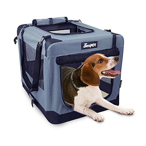 JESPET Soft Dog Crates Kennel for Pets, 3 Door Soft Sided Folding Travel Pet Carrier with Straps and Fleece Mat for Dogs, Cats, Rabbits, Grey Blue & Beige (26