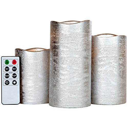 Lily's Home Everlasting Flameless Flickering LED Candles with Remote and Timer, Battery Powered, Scent and Smoke Free, Safe for Use Around Kids and Pets, Silver, Set of 3