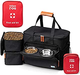 Unique Dog Travel Bag - Dog Traveling Luggage Set for Dogs Accessories - Include Pet First Aid Bag with Case Tags, Elevated Bowl Stand, 2X Food Storage Containers, 2X Dog Stainless Steel Bowls.