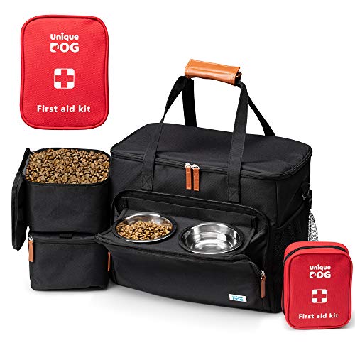 Unique Dog Travel Bag - Dog Traveling Luggage Set for Dogs Accessories - Include Pet First Aid Bag with Case Tags, Elevated Bowl Stand, 2X Food Storage Containers, 2X Dog Stainless Steel Bowls.