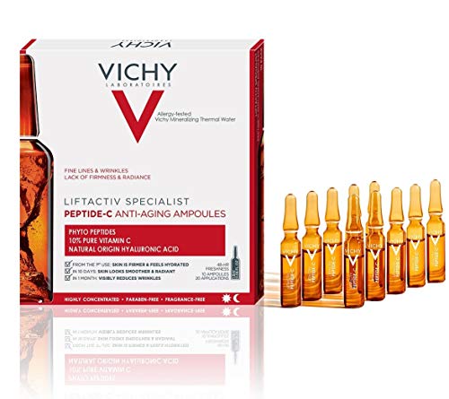 Vichy LiftActiv Peptide-C Ampoule Serum Anti Aging Concentrate, 10% Pure Vitamin C with Hyaluronic Acid and Peptides, Anti Wrinkle Skin Brightening Serum for Face