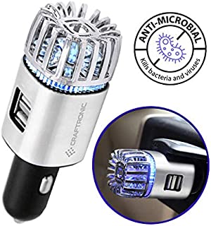 Craftronic 2-in-1 Car Air Purifier & Dual Fast Charge USB 5.6 Million Negative Ion Anti-Microbial, Eliminates Smoke, Pollutants, Virus, Bacteria, PM 2.5, Pollen, Odors | Relieve Allergy (Silver)