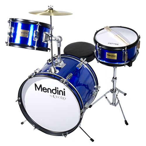 Mendini by Cecilio 16 inch 3-Piece Kids/Junior Drum Set with Adjustable Throne, Cymbal, Pedal & Drumsticks, Metallic Blue, MJDS-3-BL