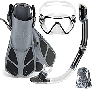 ZEEPORTE Mask Fin Snorkel Set with Adult Snorkeling Gear, Panoramic View Diving Mask, Trek Fin, Dry Top Snorkel +Travel Bags, Snorkel for Lap Swimming (Gray, S/M)