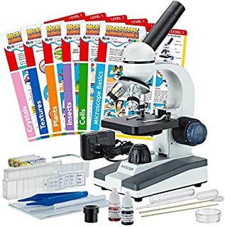 AmScope 40X-1000X Compound Monocular Student Microscope Set + Slide Preparation Kit + Science Experiment Cards